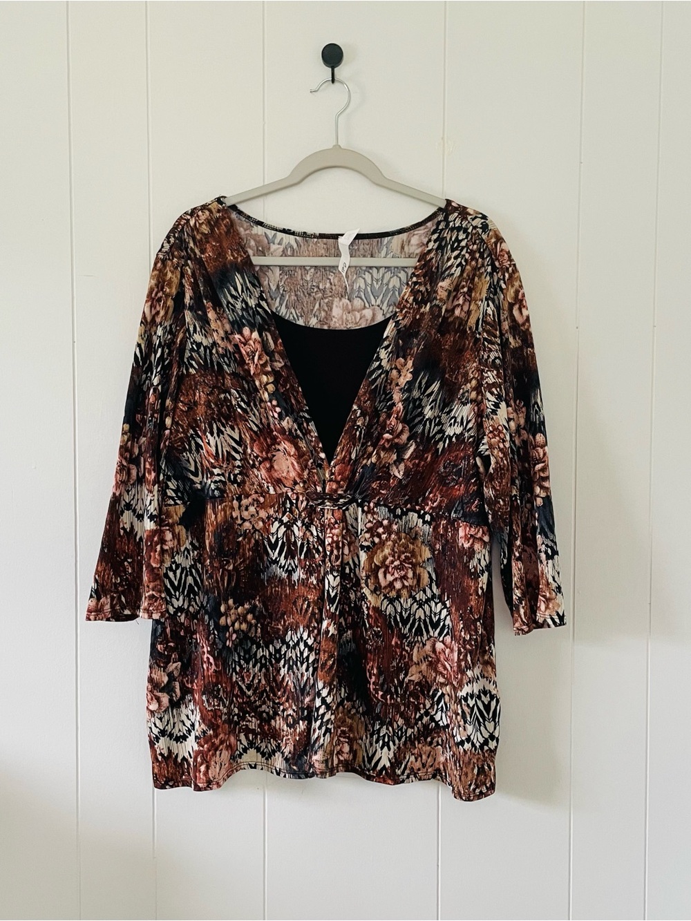 NY Collection Brown Multi Floral V-Neck Tunic with Attached Black Camisole